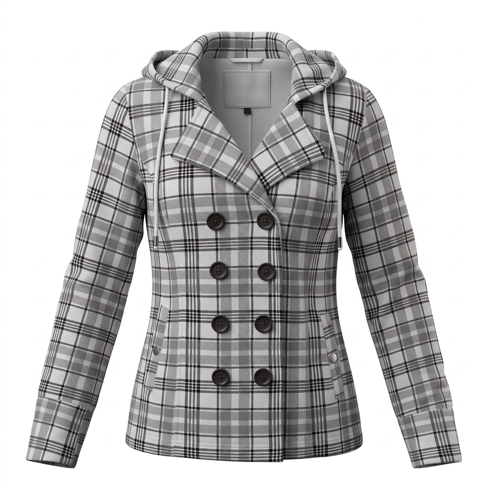 Sebby Women's Grey Plaid Double Breasted Fleece Hoodie Jacket Size L SB5120